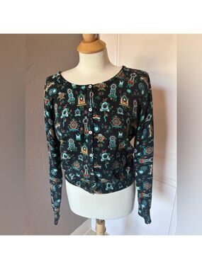 Louie Lucie 100% Cotton Multi-Color Clocks Button-Up Cardigan – Size M – Retro